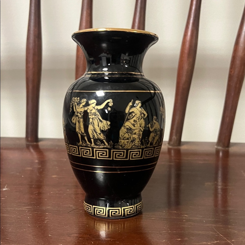Antique Black and Gold Vase with Greek Motif